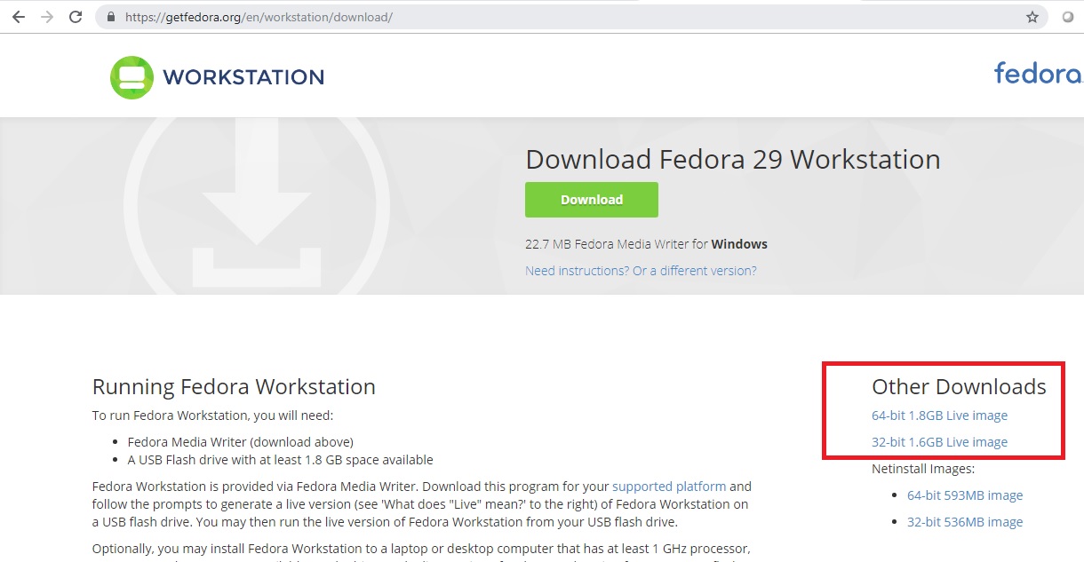 Fedora Workstation download webpage screenshot