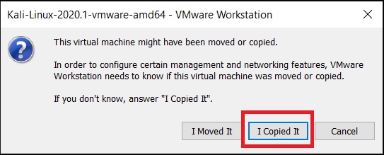 Kali Linux VM -Moved Or Copied