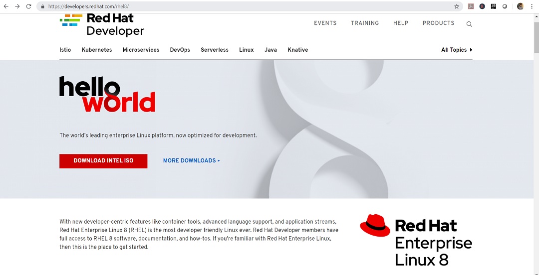 Red Hat Linux Enterprise Linux 8 - Web page
