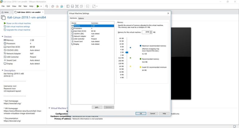 vmware workstation player 15 hardware settings kali linux