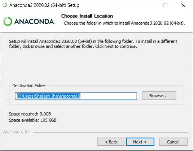 Anaconda Installation - Choose Install Location