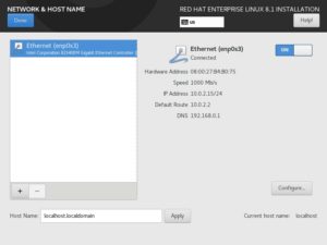 Red Hat Enterprise Linux 8 Installation - Network and Host Name